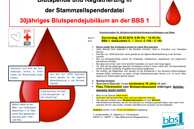 Blutspende und Registrierung in der Stammzellspenderdatei am 23.02.2017